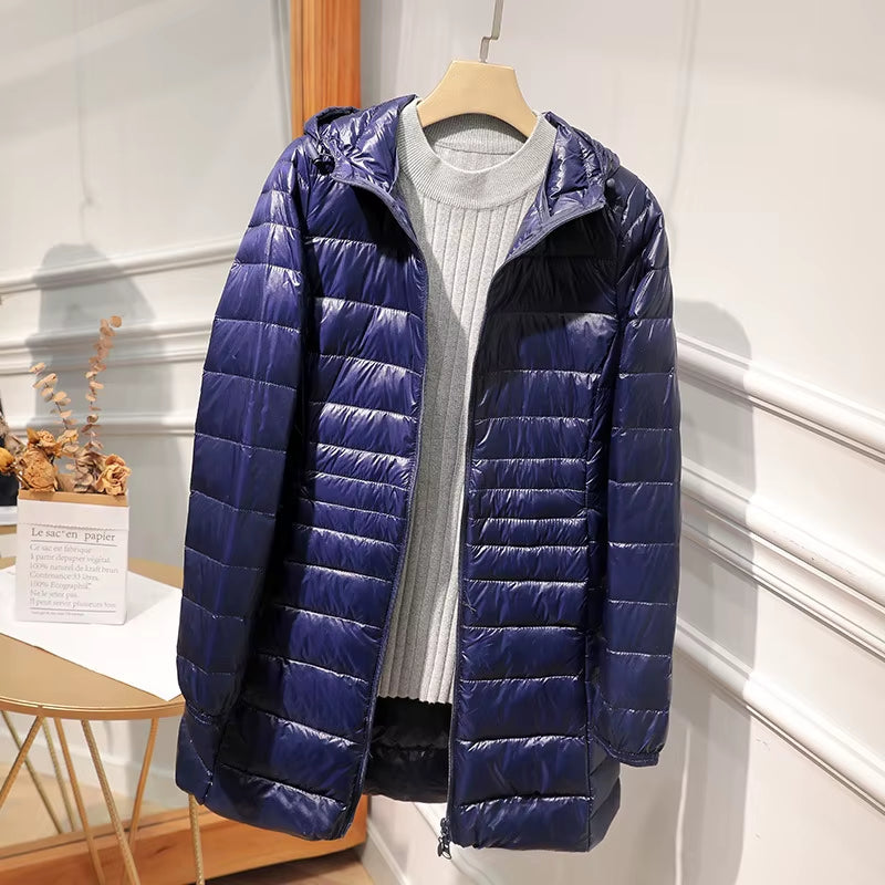 Female Long Warm down Coat with Portable Storage Bag Women Light down Jacket Ladies Overcoats Hip-Length High Street