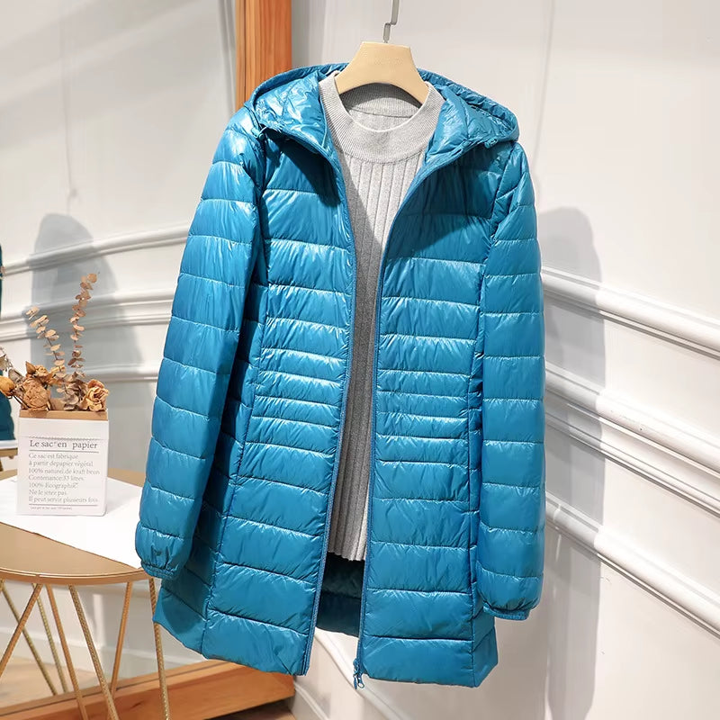 Female Long Warm down Coat with Portable Storage Bag Women Light down Jacket Ladies Overcoats Hip-Length High Street