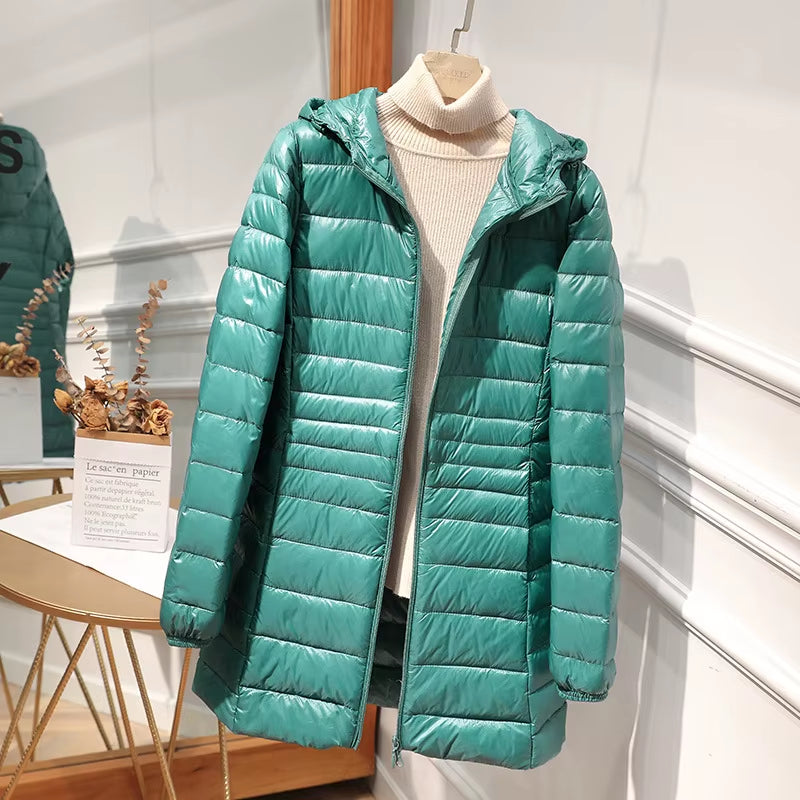 Female Long Warm down Coat with Portable Storage Bag Women Light down Jacket Ladies Overcoats Hip-Length High Street