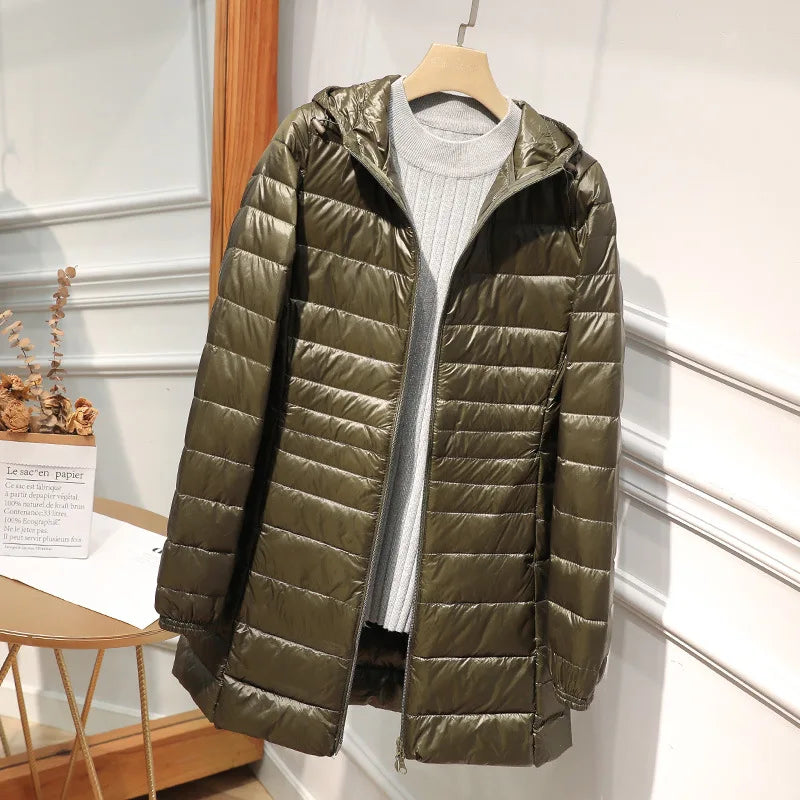 Female Long Warm down Coat with Portable Storage Bag Women Light down Jacket Ladies Overcoats Hip-Length High Street