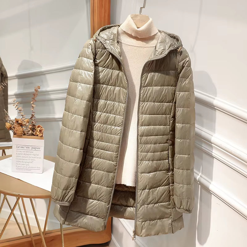 Female Long Warm down Coat with Portable Storage Bag Women Light down Jacket Ladies Overcoats Hip-Length High Street