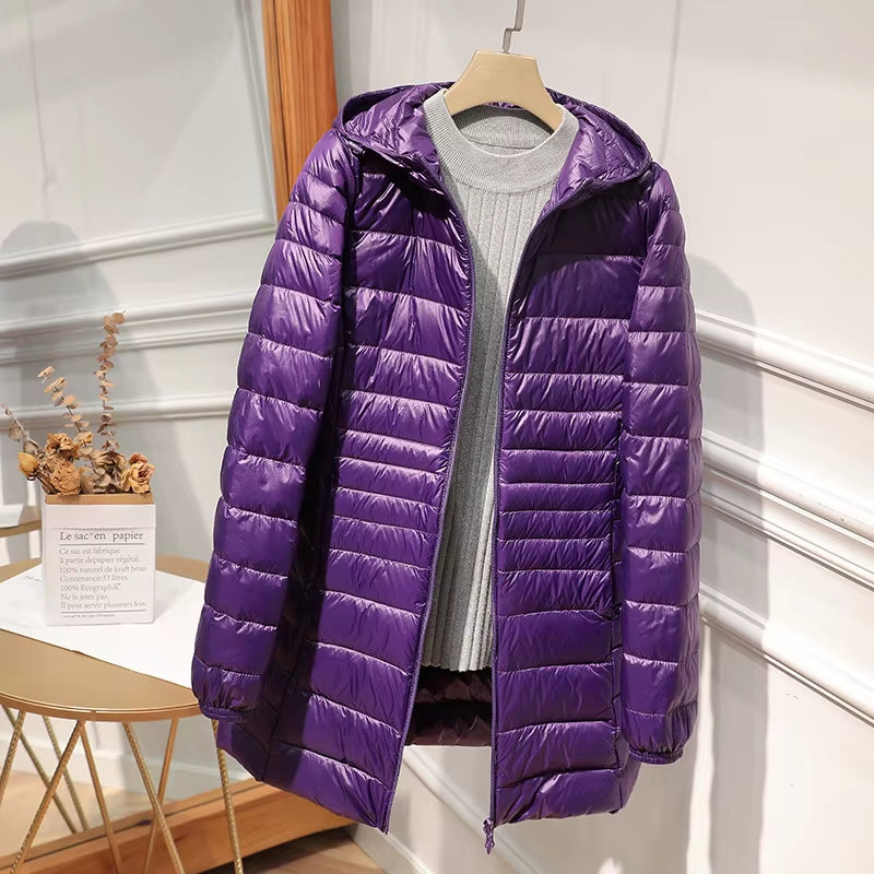 Female Long Warm down Coat with Portable Storage Bag Women Light down Jacket Ladies Overcoats Hip-Length High Street